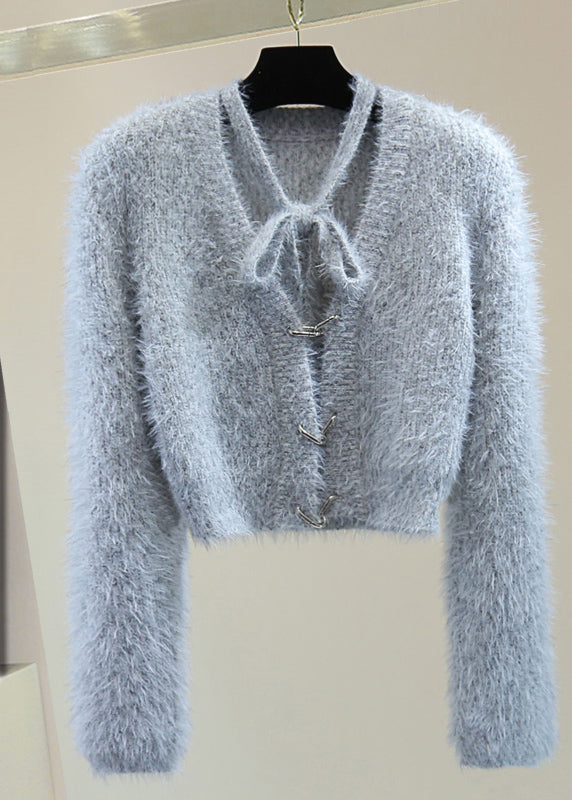 Classy Grey V Neck Bow Solid Ma Hai Mao Cotton Knit Sweaters Winter