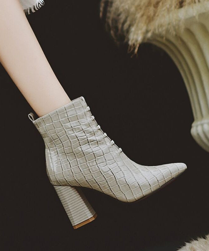 Classy Grey Zippered Splicing Chunky Heel Boots Pointed Toe