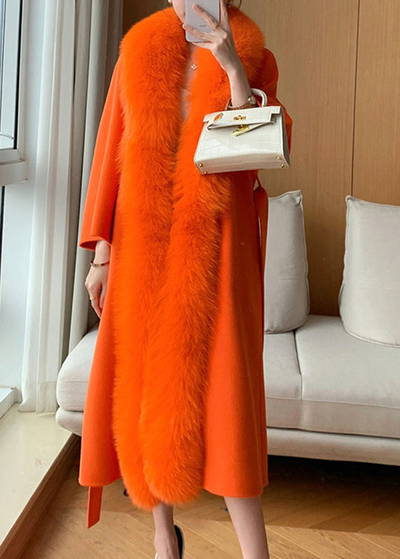 Classy Hermes Orange Fox Collar Pockets Tie Waist Woolen Maxi Coat Winter