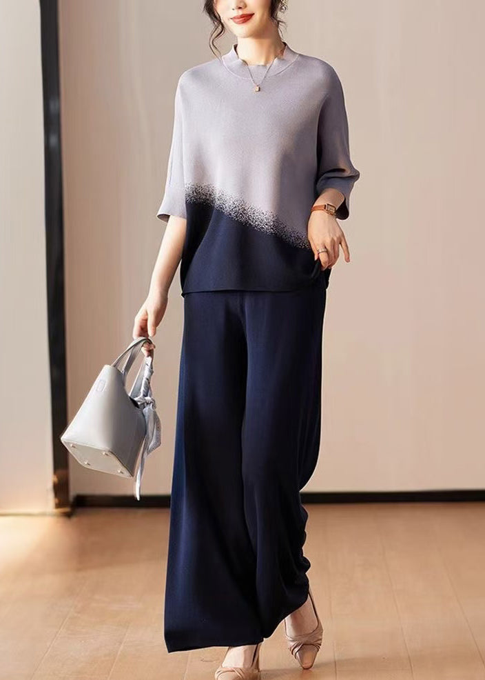 Classy Navy Tops And Pants Ice Silk Two Pieces Set Spring