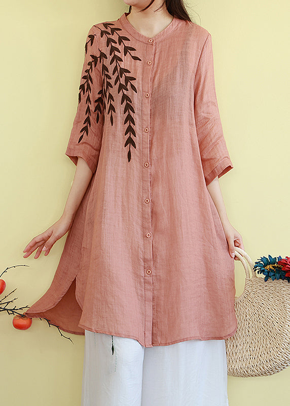 Classy Orange Embroidered Linen Mid Dresses Summer