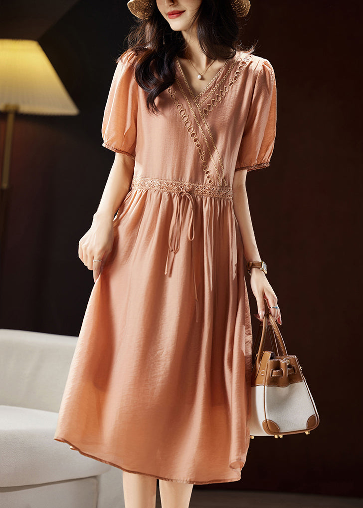 Classy Orange V Neck Hollow Out Patchwork Tie Waist Silk Long Dresses Short Sleeve