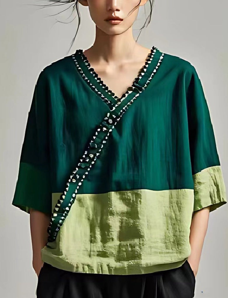 Classy Peacock Green V Neck Patchwork Linen Shirts Summer