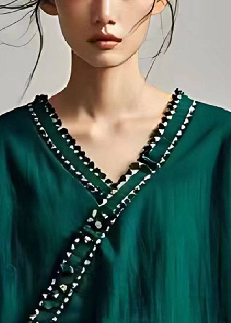 Classy Peacock Green V Neck Patchwork Linen Shirts Summer