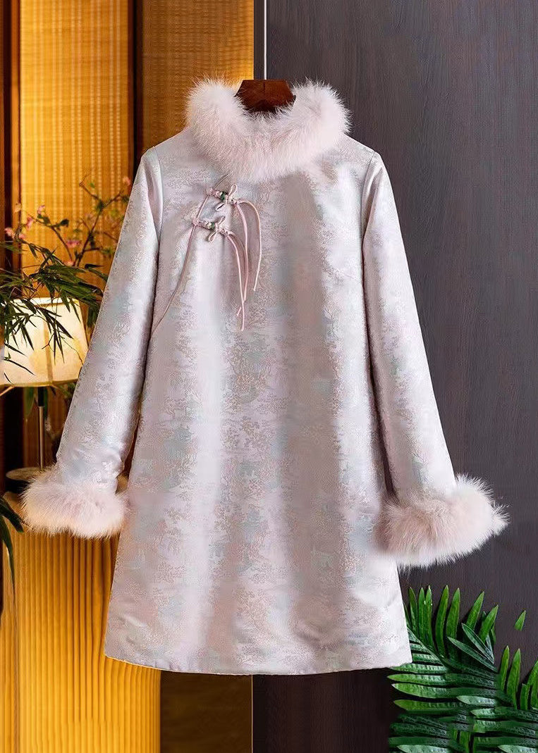 Classy Pink Fur Collar Button Patchwork Cotton Filled Mid Dress Spring