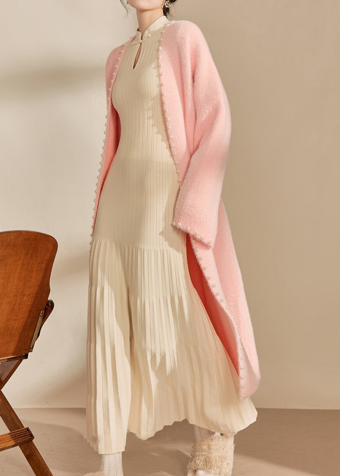 Classy Pink V Neck Nail Bead Cotton Knit Long Coat Fall