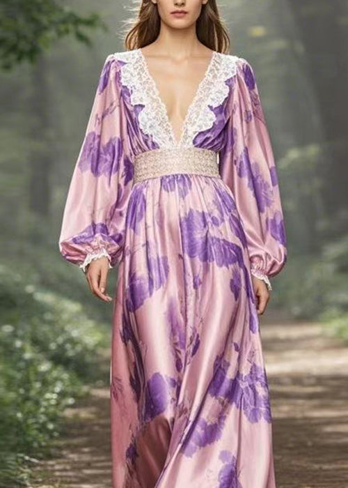 Classy Purple V Neck Print Ruffled Patchwork Silk Long Dress Spring