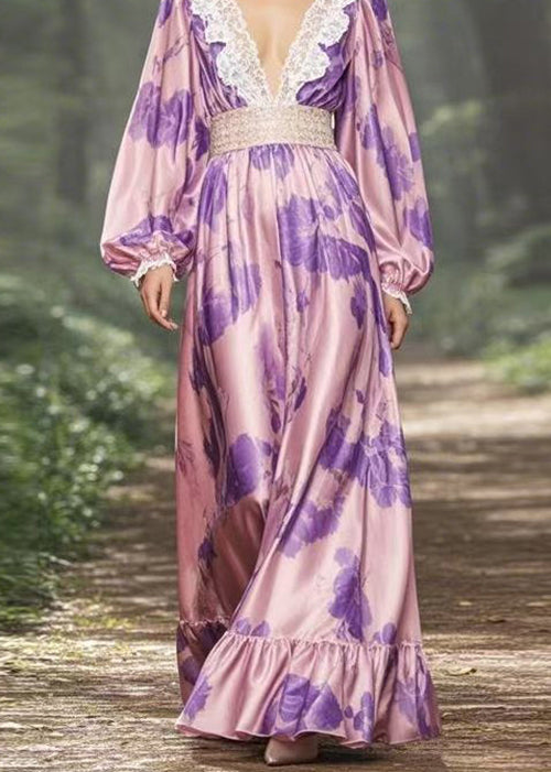 Classy Purple V Neck Print Ruffled Patchwork Silk Long Dress Spring