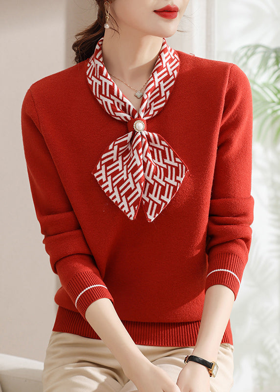 Classy Red Bow Thick Warm Fleece Knit Sweaters Spring