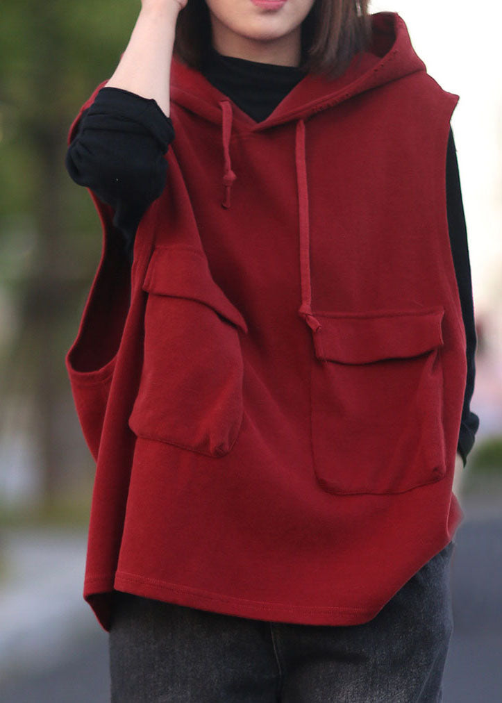 Classy Red Hooded drawstring Pullover Sleeveless waistcoat