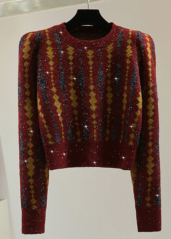 Classy Red Striped Sequins Cotton Knit Sweater Puff Sleeve