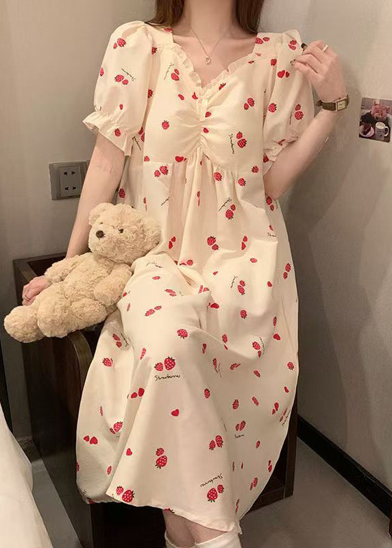 Classy Strawberry Print Ruffled Cotton Pajamas Dresses Butterfly Sleeve