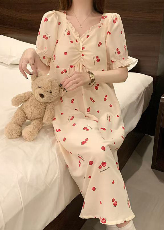 Classy Strawberry Print Ruffled Cotton Pajamas Dresses Butterfly Sleeve