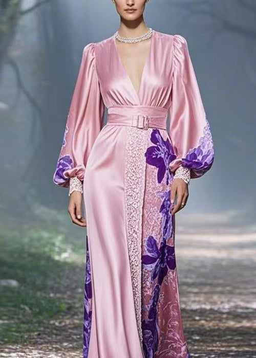 Classy V Neck Print Slim Fit Silk Maxi Dresses Lantern Sleeve