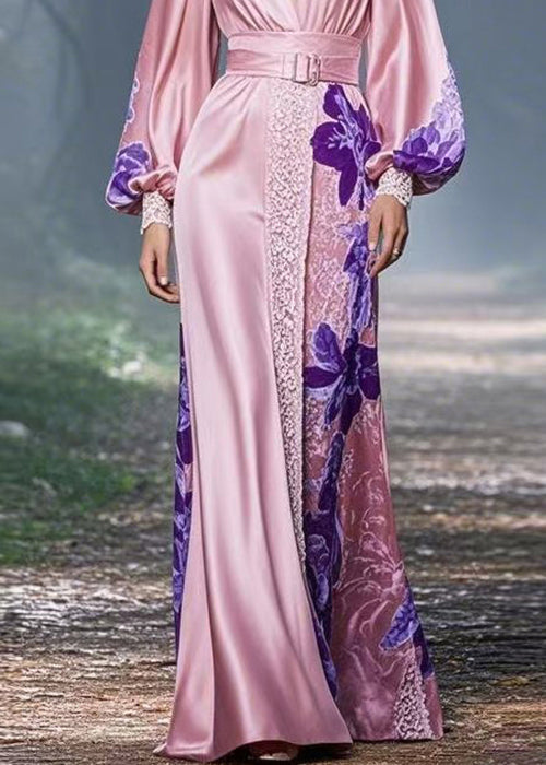 Classy V Neck Print Slim Fit Silk Maxi Dresses Lantern Sleeve