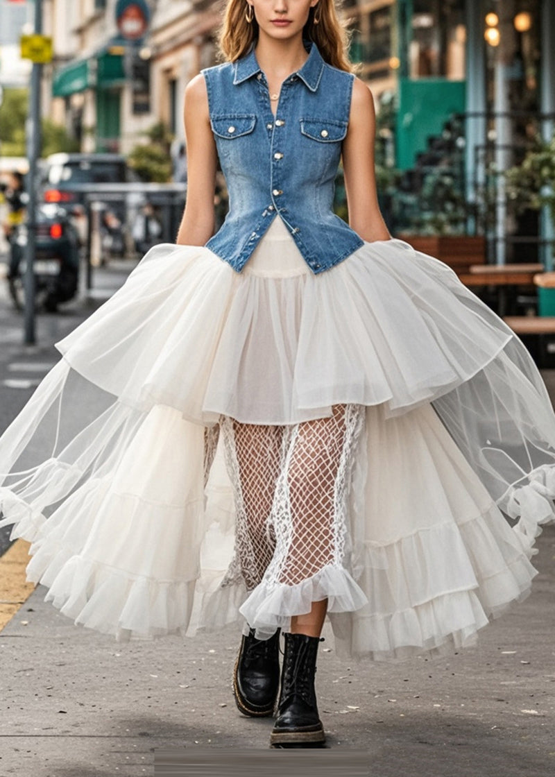 Classy White Asymmetrical Patchwork Ruffled Tulle Beach Skirt Spring