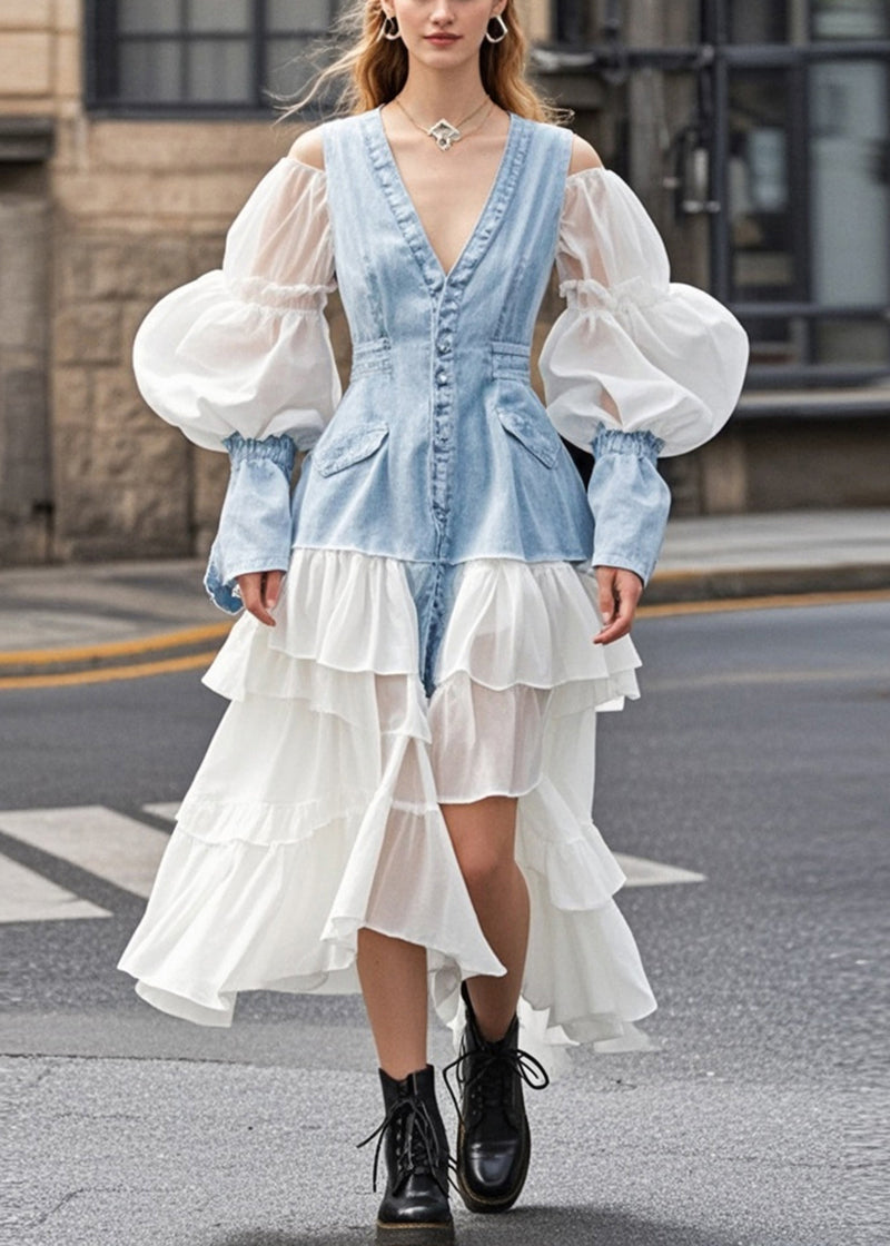 Classy White Cold Shoulder Patchwork Denim Holiday Dress Puff Sleeve