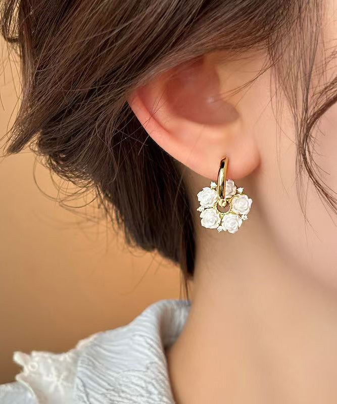 Classy White Copper Alloy Camellia Hoop Earrings