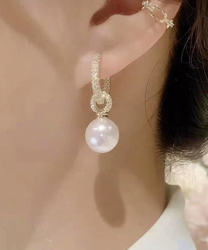 Classy White Sterling Silver Alloy Zircon Pearl Drop Earrings