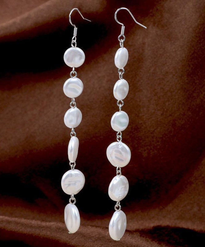 Classy White Sterling Silver Pearl Tassel Drop Earrings