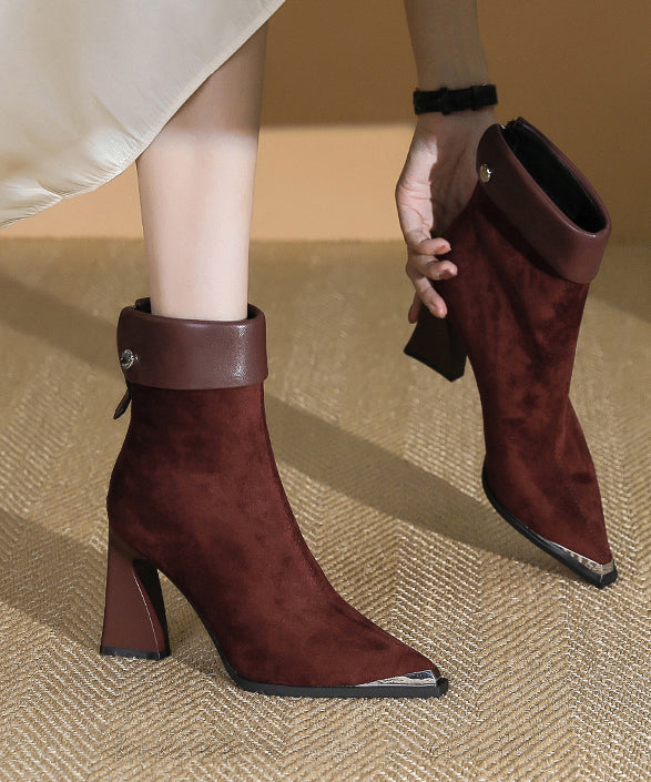 Classy Wine Red Suede Splicing Chunky Heel Boots