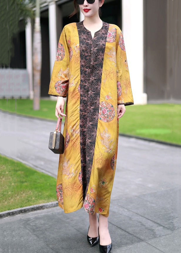 Classy Yellow Chinese Button Print Patchwork Silk Long Coat Fall