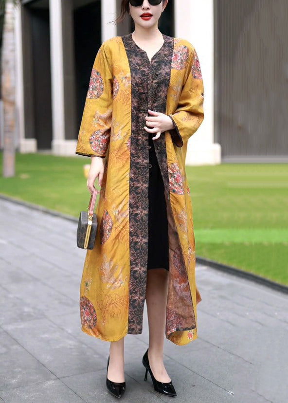 Classy Yellow Chinese Button Print Patchwork Silk Long Coat Fall