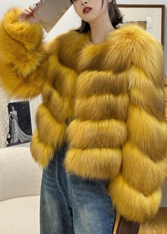 Classy Yellow Fox Collar Leather And Fur Coats Winter