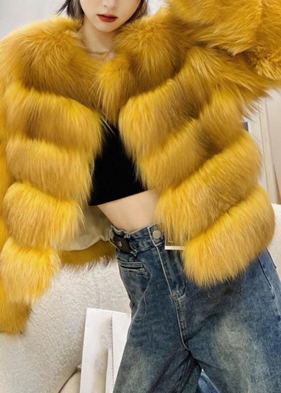 Classy Yellow Fox Collar Leather And Fur Coats Winter