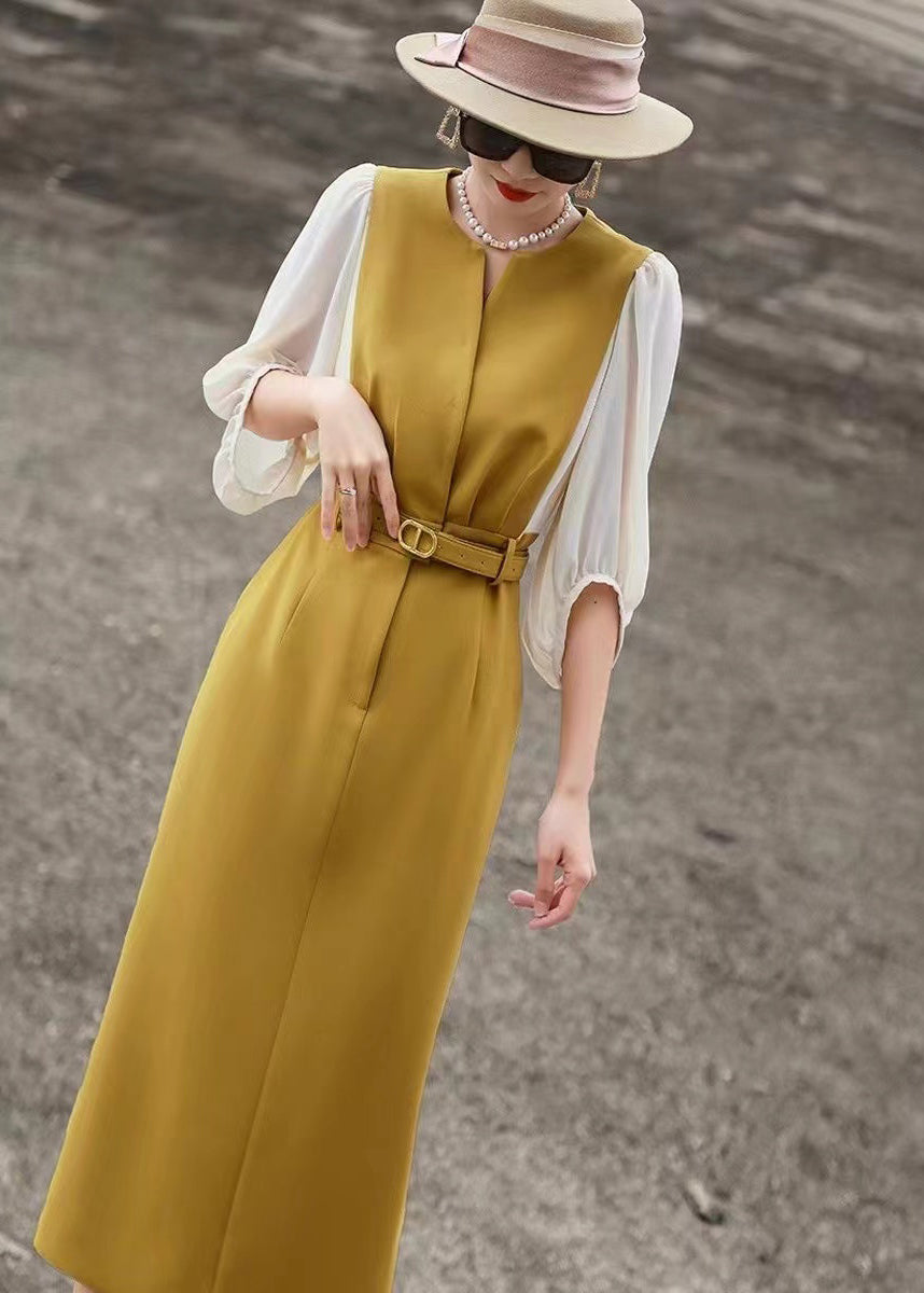 Classy Yellow O Neck Tie Waist Cotton Dress Bracelet Sleeve