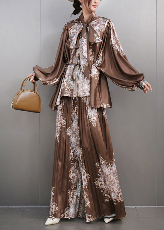 Coffee Asymmetrical Sashes Chiffon Top And Maxi Skirts Two Pieces Set Long Sleeve