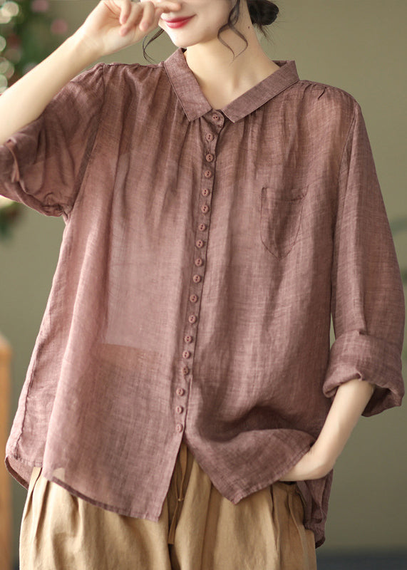 Coffee Button Cozy Ramie Shirt Long Sleeve