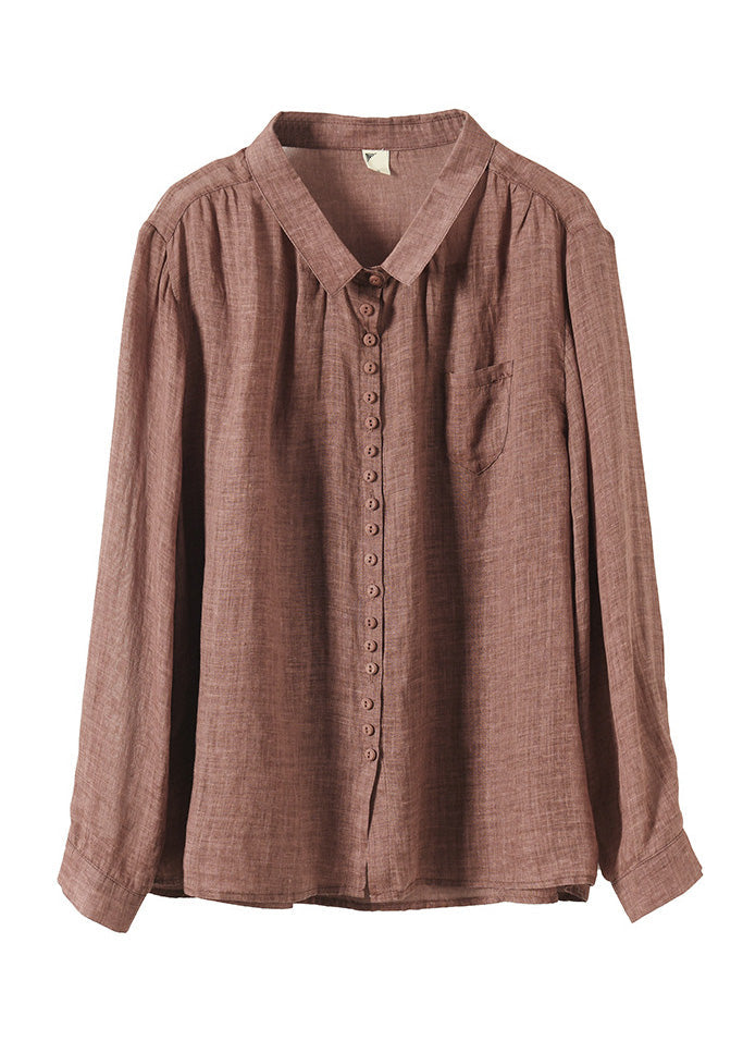 Coffee Button Cozy Ramie Shirt Long Sleeve