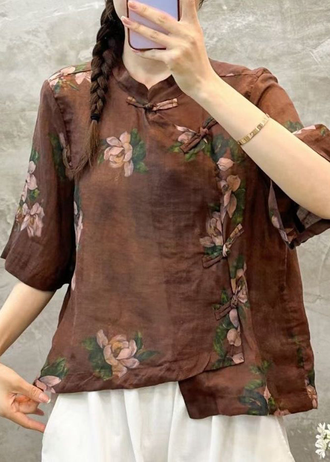 Coffee Button Linen Blouses Stand Collar Half Sleeve