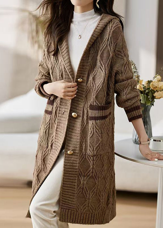 Coffee Button Patchwork Knit Fall Cardigans Hooded