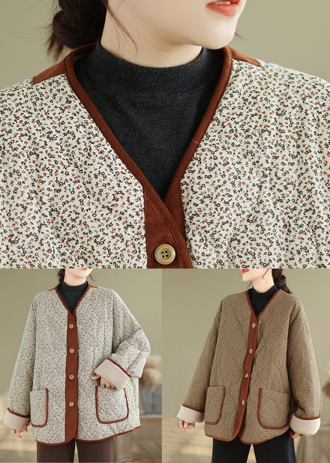 Coffee Button Pockets Warm Fleece Winter Coats V Neck