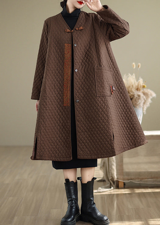 Coffee Pockets Fine Cotton Filled Women Retro Coats V Neck Winter