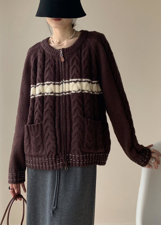 Coffee Pockets Patchwork Knit Winter Sweater Zip Up