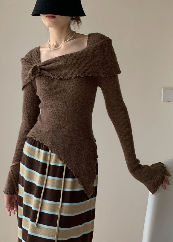 Coffee Solid Knitting Cotton Sweater Square Collar Flare Sleeve