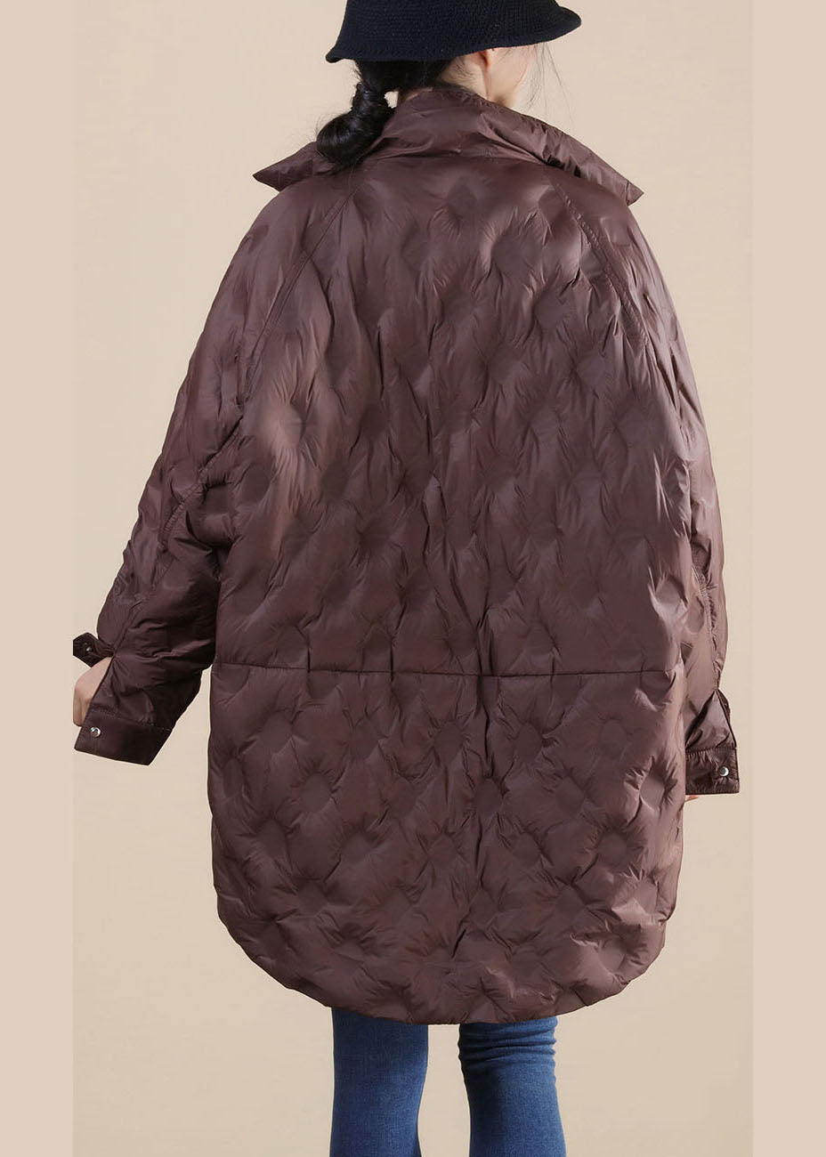 Chocolate Stand Collar Button Loose Winter Puffers Long Down Jacket