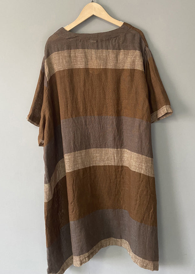 Coffee Striped Linen Mid Dress V Neck Short Sleeve