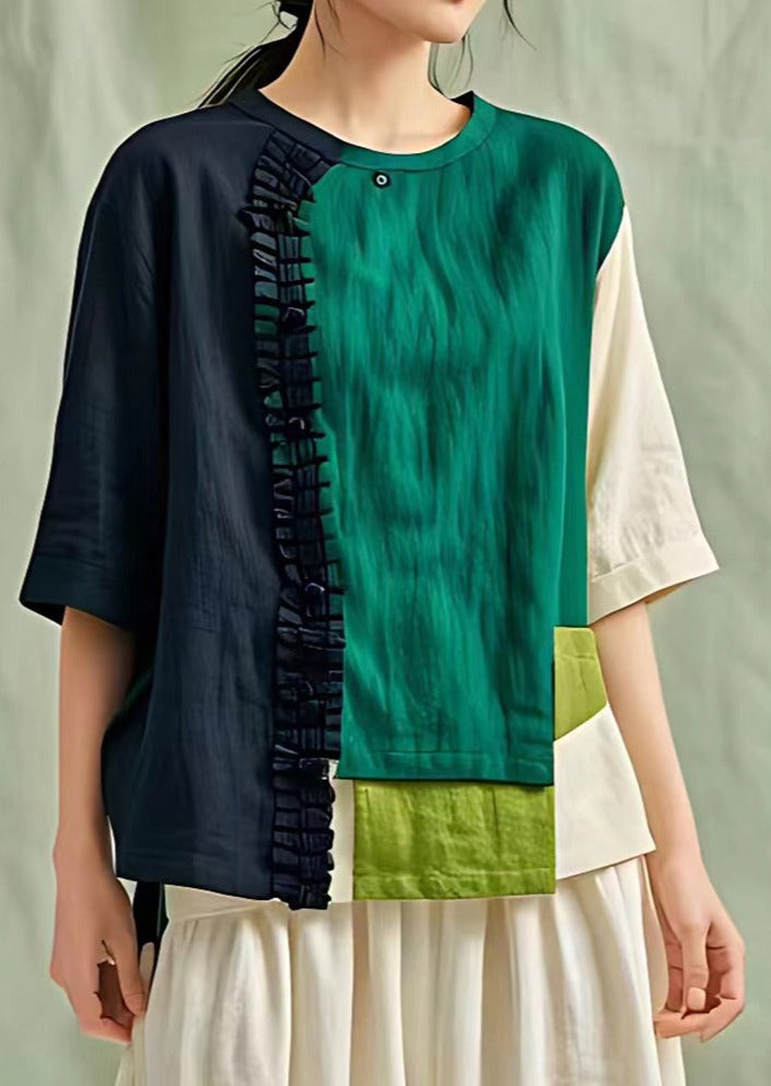 Colorblock Linen Shirt Top Asymmetrical Design Summer