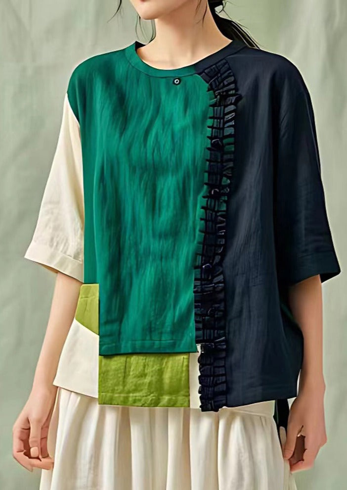 Colorblock Linen Shirt Top Asymmetrical Design Summer