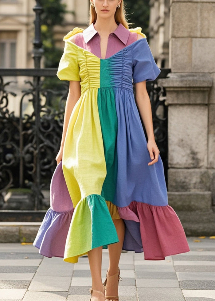 Colorblock Patchwork Chiffon Long Dresses Asymmetrical Wrinkled Summer