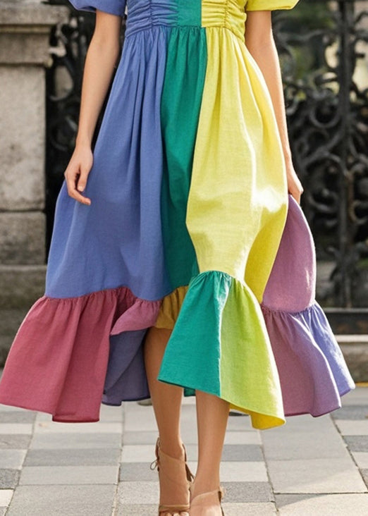 Colorblock Patchwork Chiffon Long Dresses Asymmetrical Wrinkled Summer