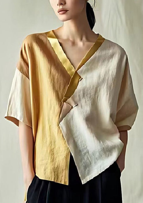 Colorblock Patchwork Linen Blouse Tops V Neck Summer