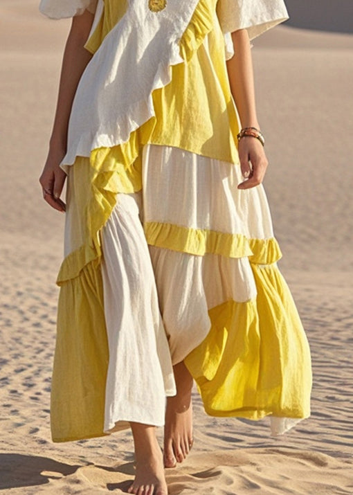 Colorblock Patchwork Ruffled Cotton Long Dress Asymmetrical Summer