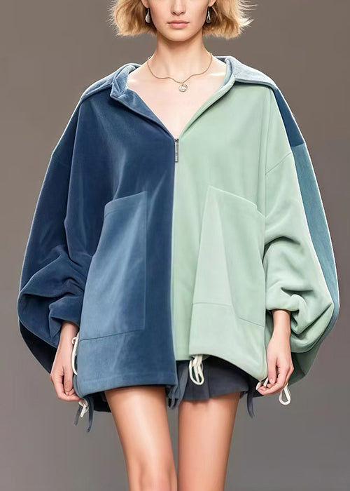 Colorblock Patchwork Silk Velvet Pullover Tops Oversized Drawstring Spring