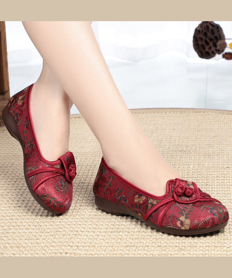 Comfortable Red Splicing Cotton Embroidery Flat Feet Shoes