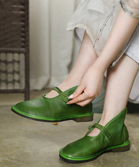 Comfortable Solid Green Flat Feet Shoes Cowhide Leather Upper Buckle Strap Flat Shoes